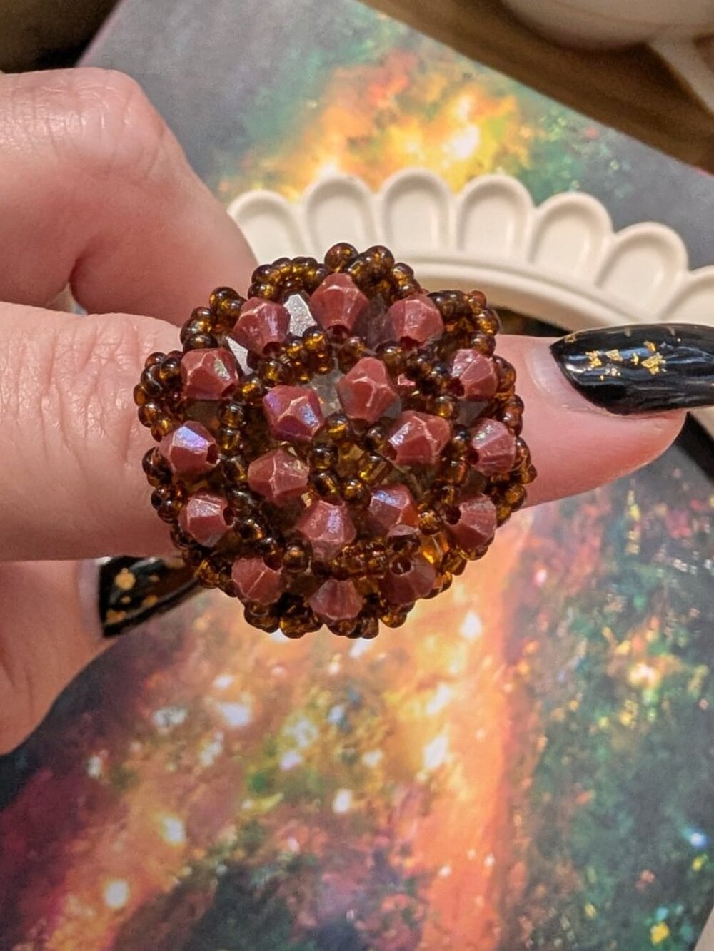 Vintage Iridescent Brown Beaded Ring with Elastic Band
